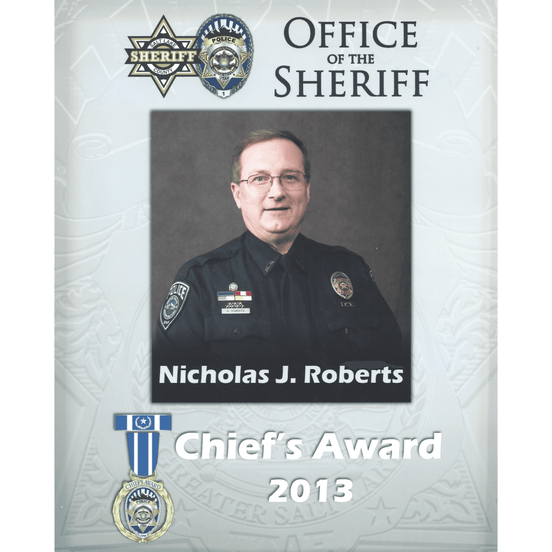Nicholas J. Roberts in uniform, awarded the 2013 Chief's Award by the Sheriff's Office.