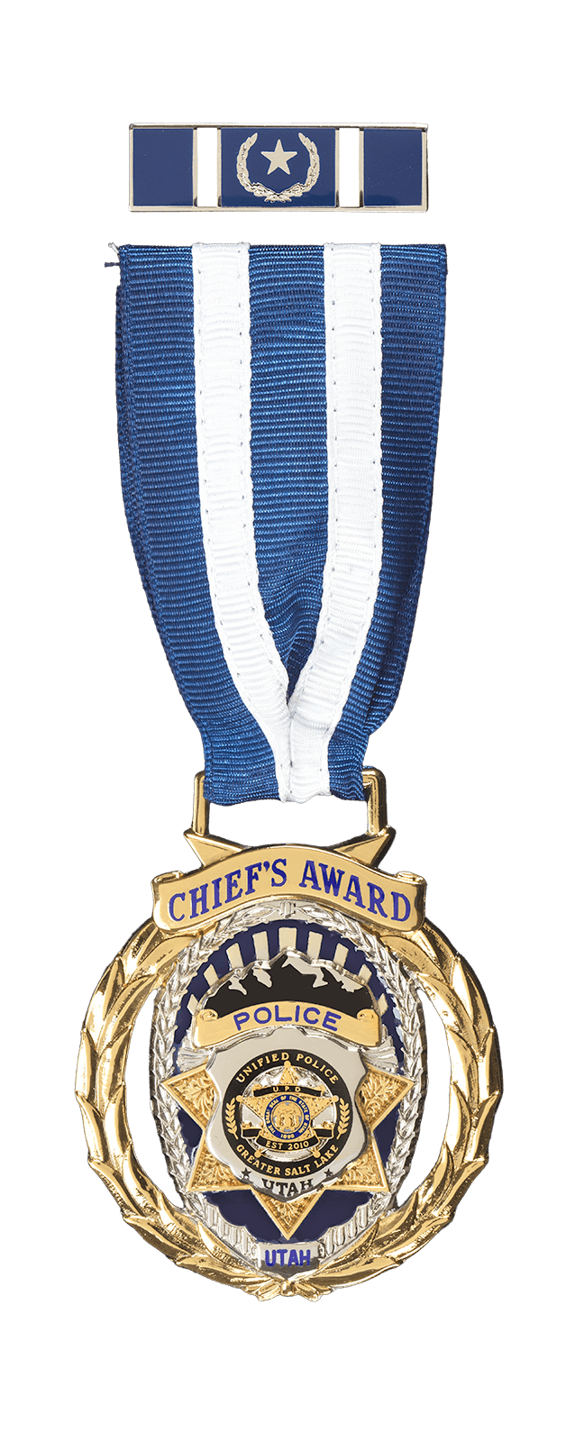 Gold Chief's Award medal and blue and white ribbon for Unified Police Greater Salt Lake.