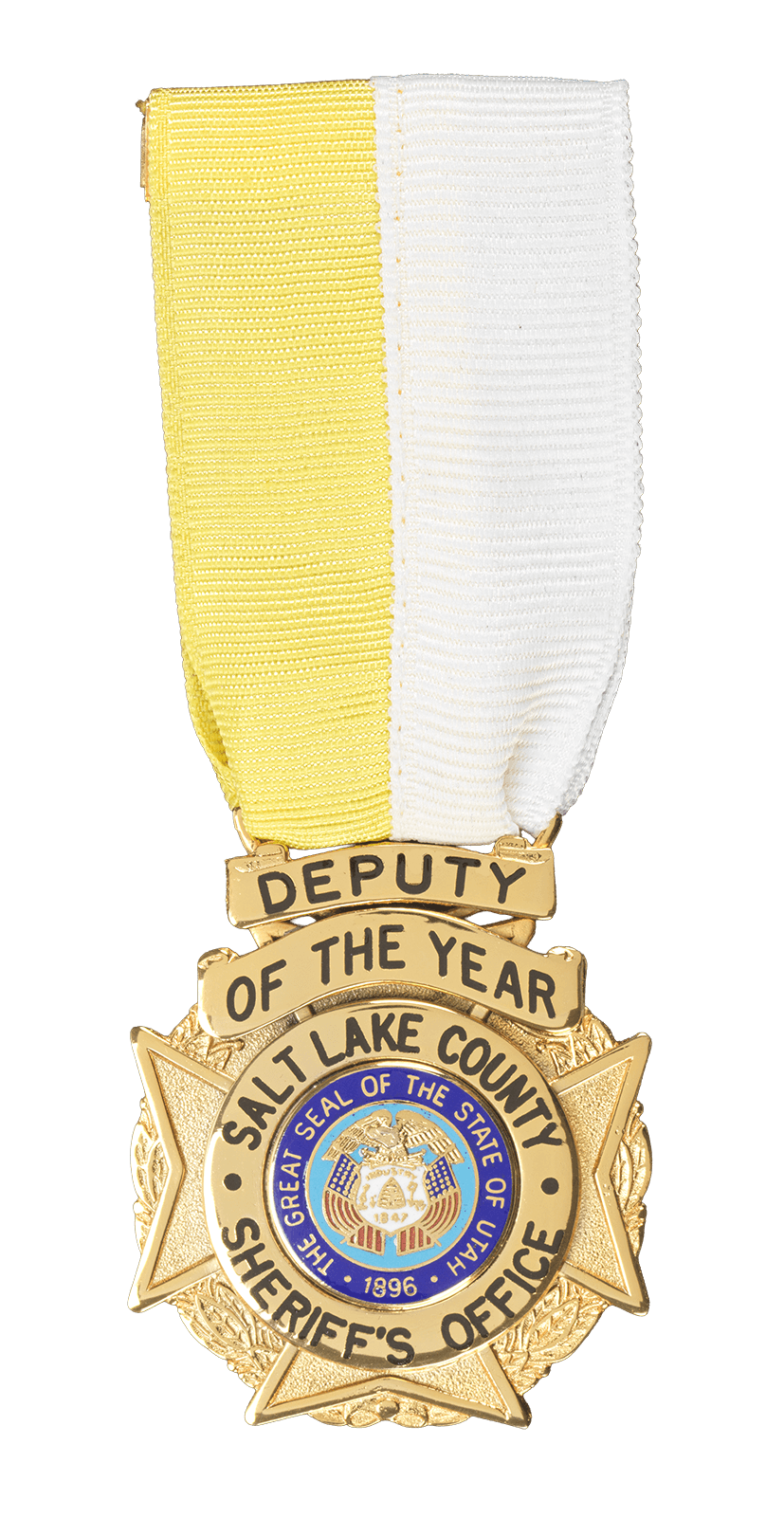 Salt Lake County Sheriff's Office Deputy of the Year medal with yellow and white ribbon.