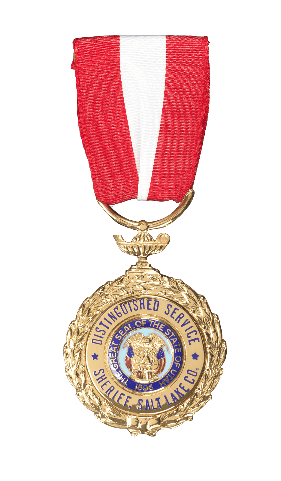 Gold Salt Lake County Sheriff Distinguished Service medal with red and white striped ribbon.