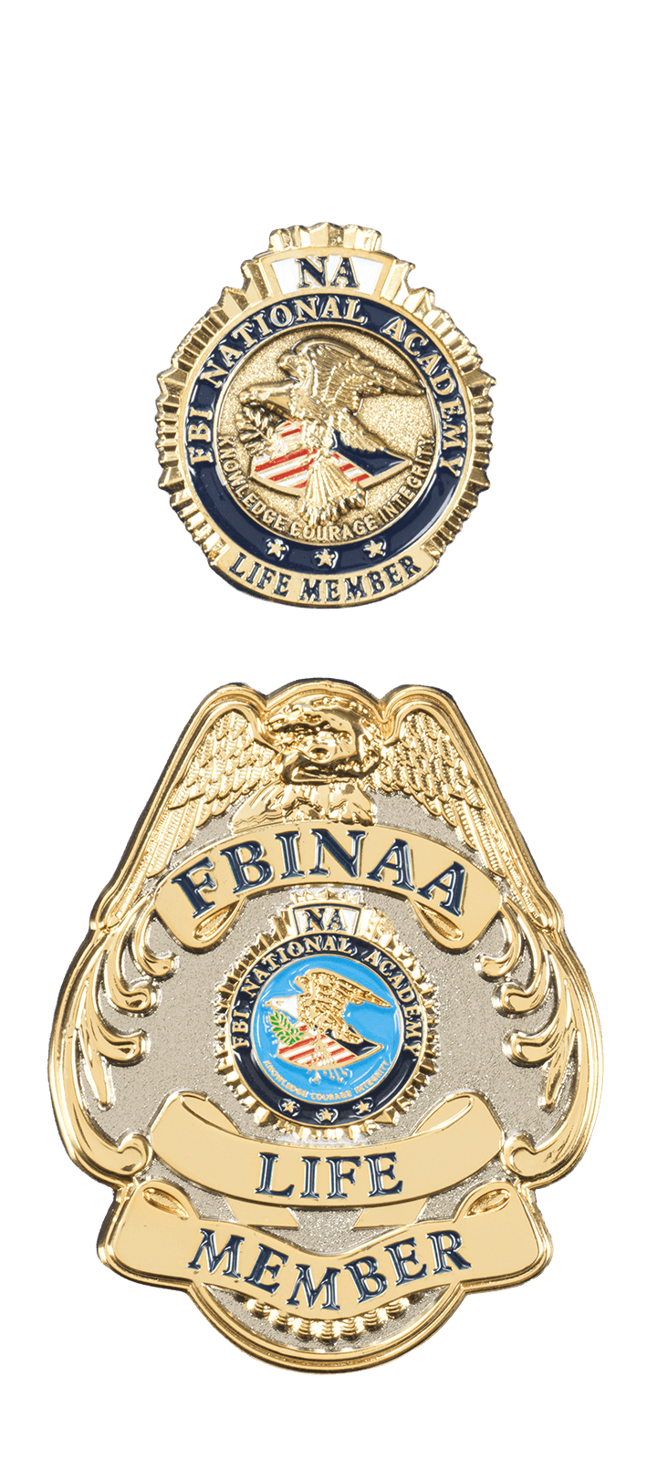Gold and silver FBI National Academy Life Member badges with eagle emblems and blue accents.