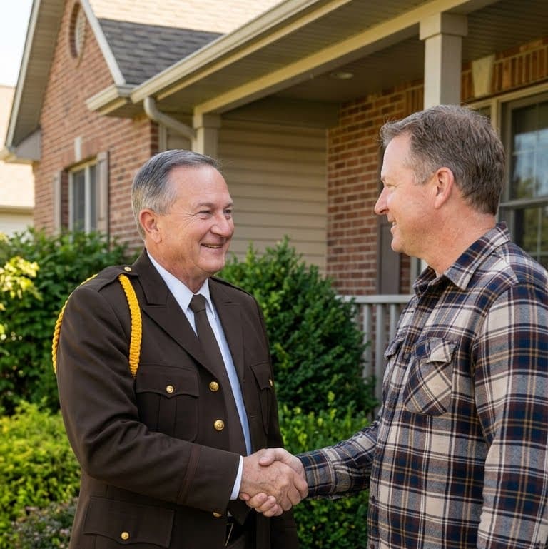 Smiling uniformed man shakes hands with a man in a plaid shirt outside a house.