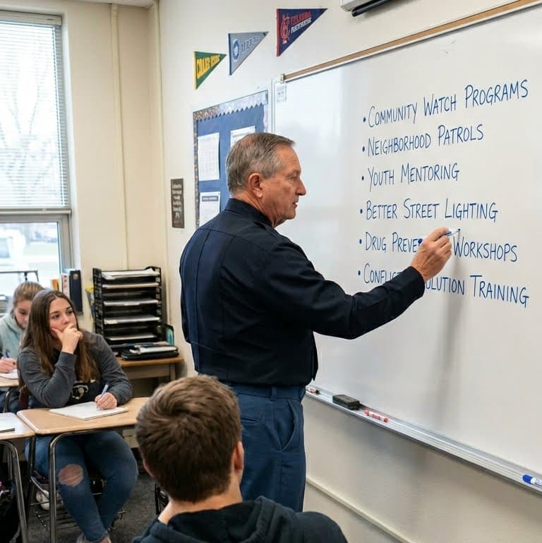 Uniformed officer writes community safety programs on a whiteboard for students in a classroom.