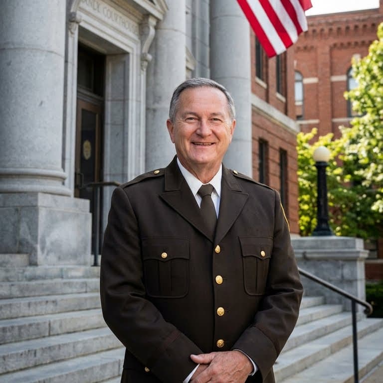 Smiling man in a brown uniform standing on stone courthouse steps with an American flag.