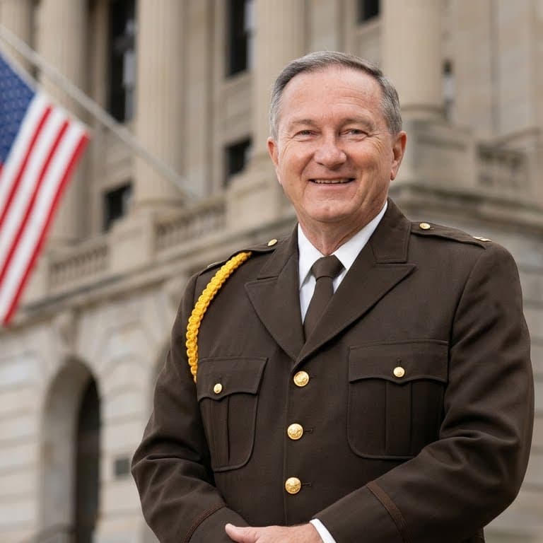 Smiling man in a brown military uniform stands before a classical building and American flag.