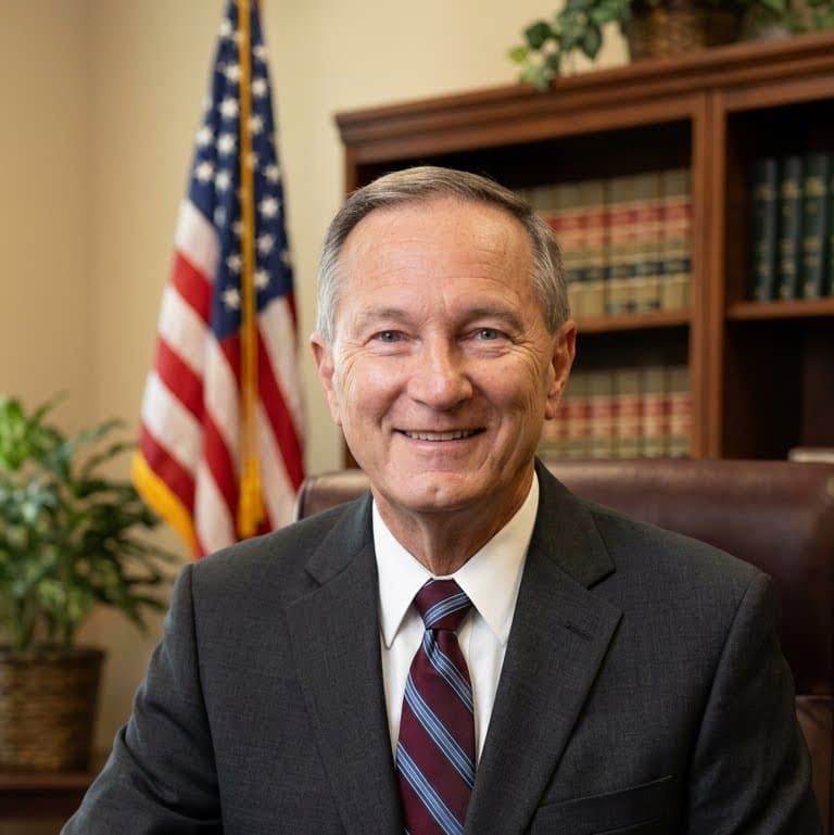 Smiling man in a suit and tie with an American flag and law books.