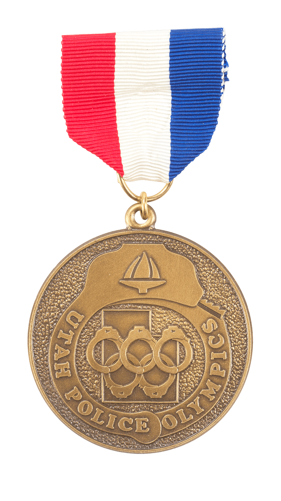 Bronze Utah Police Olympics medal with interlocking handcuffs and red, white, and blue ribbon.