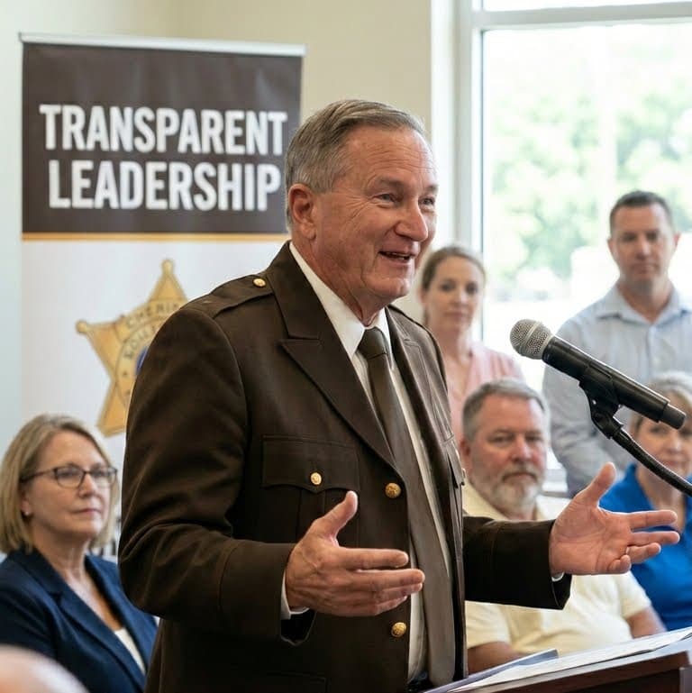 A uniformed officer gestures while speaking at a podium before a Transparent Leadership banner.