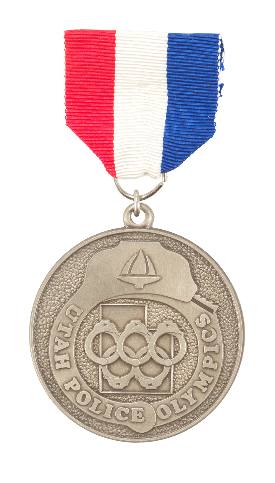 Silver Utah Police Olympics medal with interlocking handcuffs and a red, white, and blue ribbon.