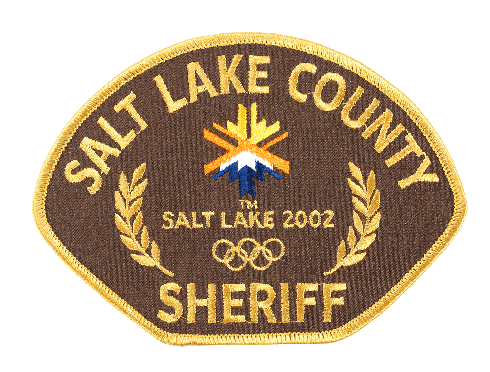 Brown Salt Lake County Sheriff patch featuring 2002 Olympic logo and gold laurel leaves.