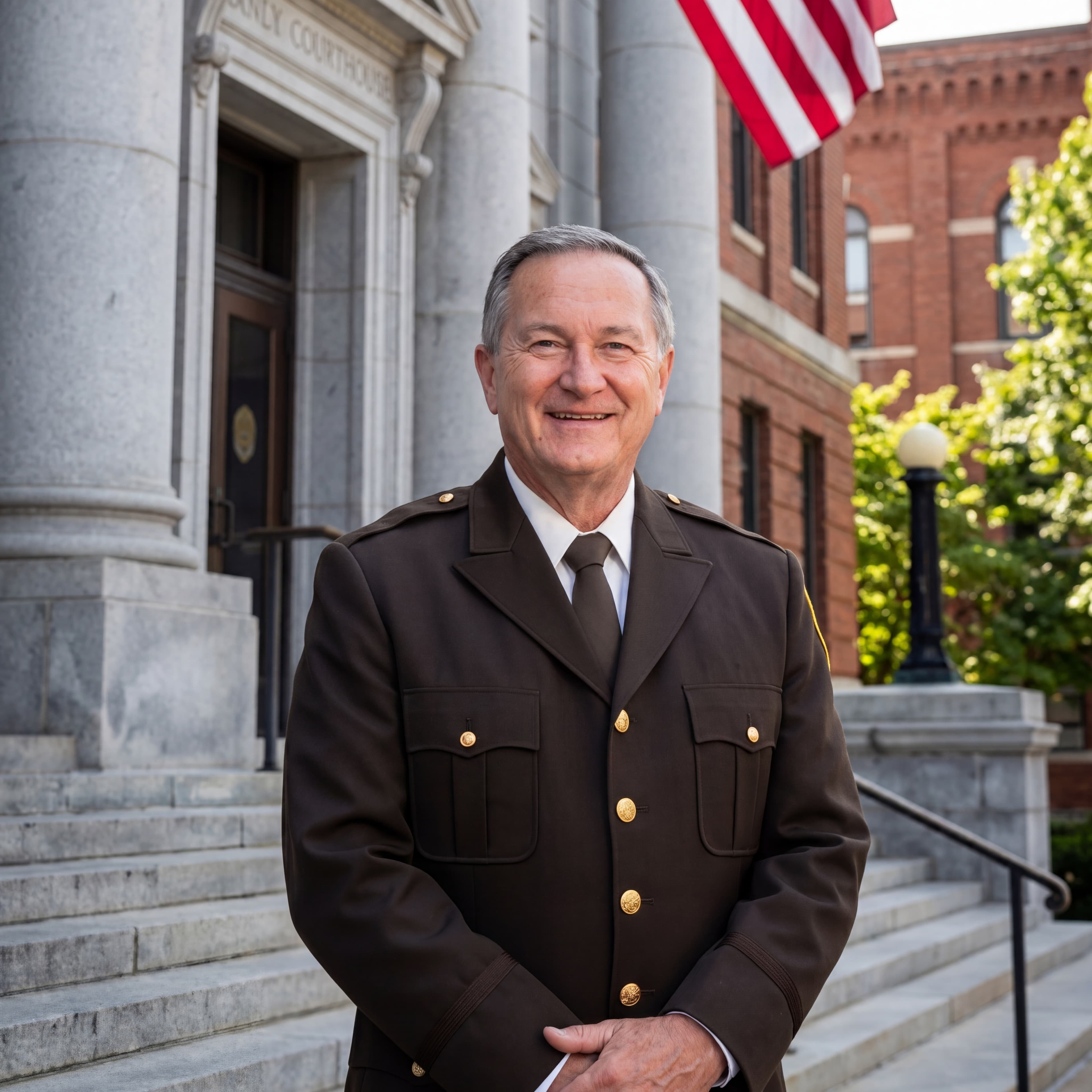 Smiling officer in a brown uniform stands on the steps of a stone courthouse.